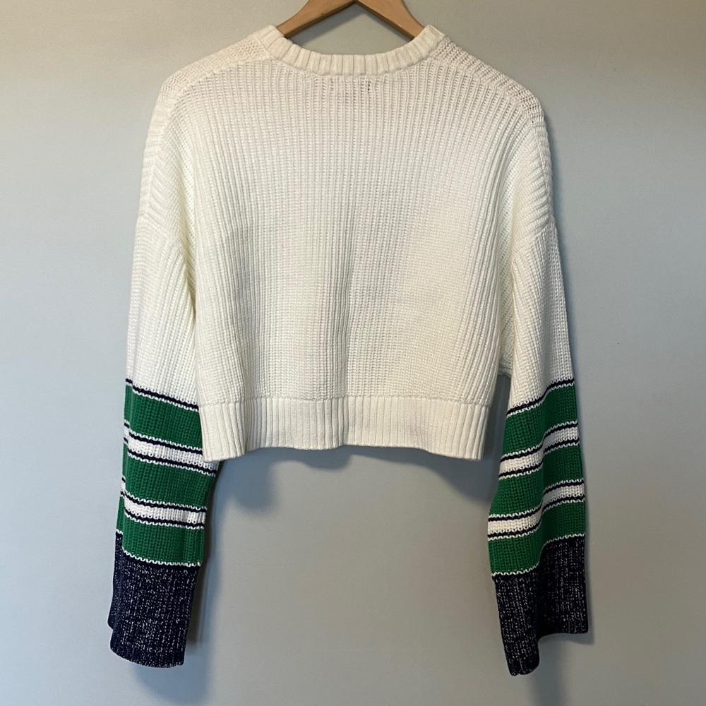 STAUD Cliff White Cropped Knit Sweater with Green & Navy Sleeve Accents - Picture 9 of 9